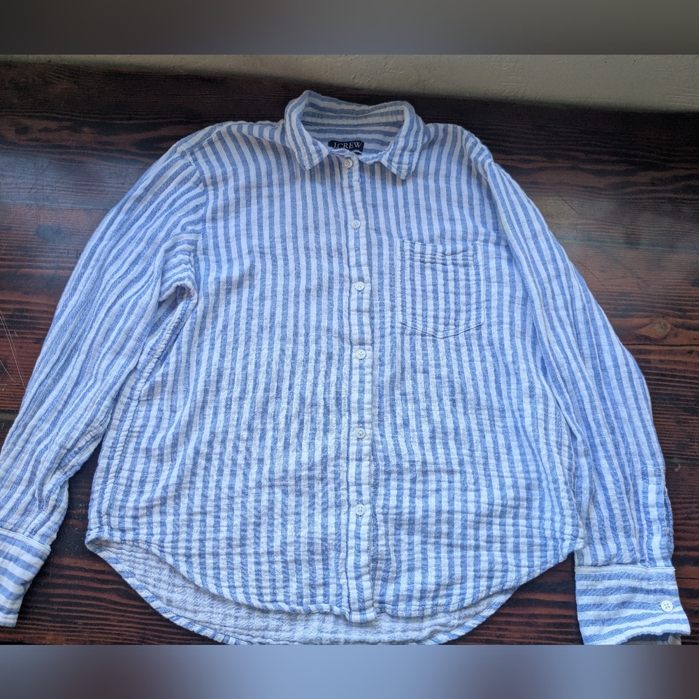 J.Crew Garçon Classic Fit Cotton-Linen Button-Up Shirt – Blue & White Stripe (Si